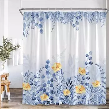Blue Leaves Shower Curtain Watercolour Plant Eucalyptus Leaf Modern Simple Home Bathroom Decor Fabric Bath Curtains With Hooks 90x180cm-35x70in