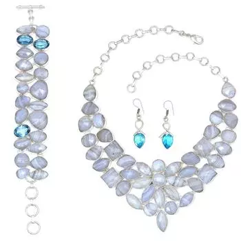 Blue Less Agate Facited Swiss Blue Quartz Jewelry Necklace Set 16-18