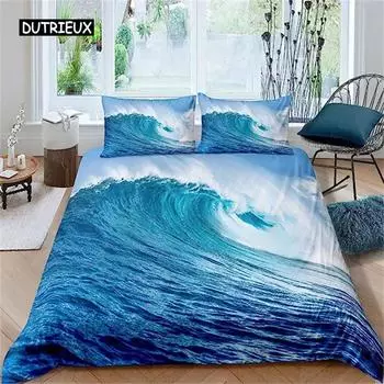 Blue Ocean Duvet Cover Waves Bedding Set Hawaiian Tripocal Sea Wave Sea Beach Bedding Comforter Cover Microfiber for Women Men EU single(135x200cm)