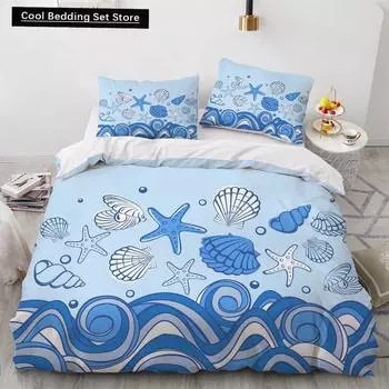Blue Ocean King Queen Duvet Cover Cartoon Starfish Shell Bedding Set for Kid Teens Adults Sea Beach 2/3pcs Polyester Quilt Cover EU single(135x200cm)