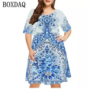 Blue Pattern Series 3D Printed Dress Fashion Trend Women s Dress S