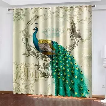 Blue Peacocks Feather Window Curtain Creative White Flowers Butterfly Chinese Style Art Print Modern Bedroom Home Decor Curtains W60H60(CM)x2PCS&HOOK