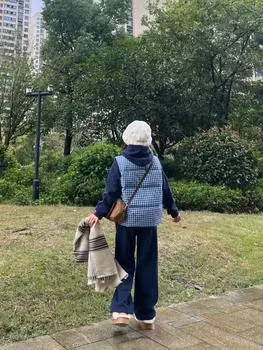 Синяя клетчатая куртка без рукавов из хлопка с воротником-стойкой, женская зимняя 2024, новая свободная утепленная жилетка, жилет S 80-45 kg