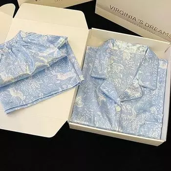 Blue Plant Flower Tie-dye Women s Elegant Pajamas Summer Cool Short Women s Home Clothes New Casual Pajamas M