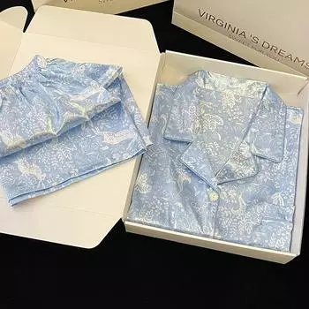 Blue Plants & Flowers Tie-Dye Women s Classy Pajamas Summer Cool Short Female Housewear Fashion Casual Sleepwear M