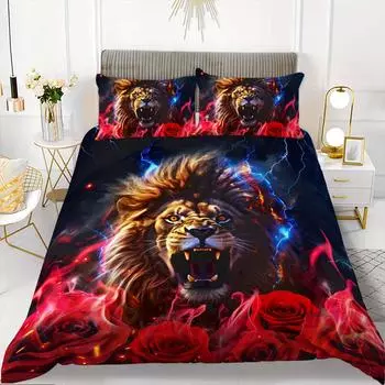 Blue & Red Rose Lion Bedding Set,2/3pcs Duvet Cover Set, Duvet 3d Animal Print Cover, Animal Bedding Set EU Twin(135x200cm)