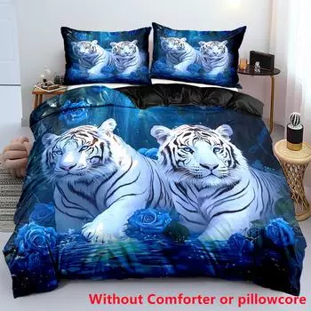 Blue Rose Tiger 3D Printed Duvet Cover Pillowcase Soft Bedding Accessories Home Polyester Decor Animal Theme Quilt Covers EU single(135x200cm)