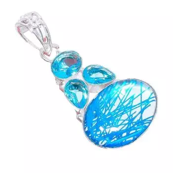 Blue Rutile Quartz, Blue Topaz 925 Sterling Silver Jewelry Pendant 2.0 AH-3265 2.17 синий
