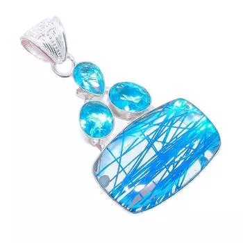 Blue Rutile Quartz, Blue Topaz 925 Sterling Silver Jewelry Pendant 2.2 AH-3290 2.17 синий