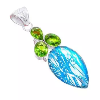 Blue Rutile Quartz, Peridot Gemstone 925 Sterling Silver Jewelry Pendant 2.6 AH-3276 2.17 синий