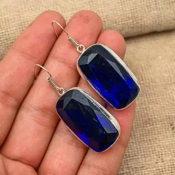 Blue Sapphire Gemstone Handmade 925 Solid Sterling Silver Gift For Wedding Jewelry Earring