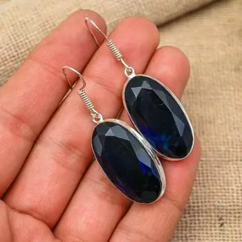 Blue Sapphire Gemstone Handmade 925 Solid Sterling Silver Gift For Wedding Jewelry Earring