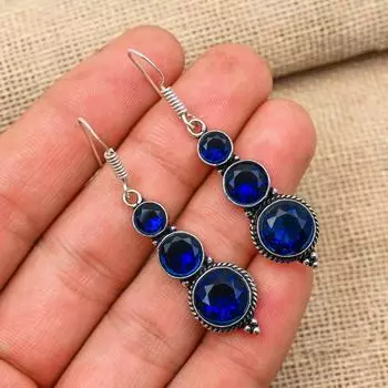 Blue Sapphire Gemstone Handmade 925 Solid Sterling Silver Gift For Wedding Jewelry Earring