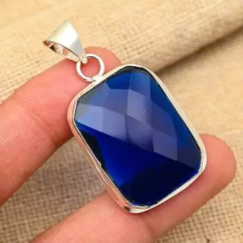 Blue Sapphire Gemstone Lab-Created Handmade 925 Sterling Silver Jewelry Beauteous Pendant For Women