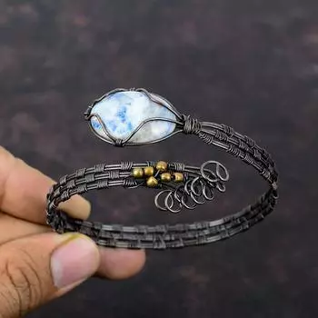 Blue Scheelite Bangle Copper Wire Wrapped Cuff Bracelet Gemstone Bangle Copper Wire Wrapped Jewelry Handmade Adjustable Bangle Gift For Wife