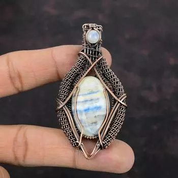 Blue Scheelite Pendant Copper Wire Wrapped Pendant Rainbow Moonstone Gemstone Pendant Handmade Copper Jewelry Anniversary Gift Healing Stone