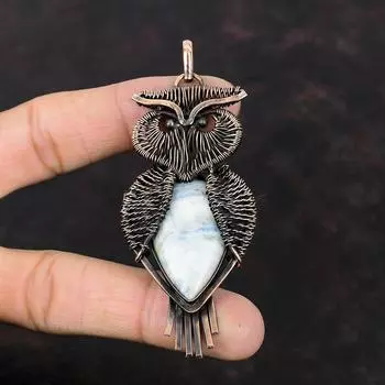 Blue Scheelite Pendant Copper Wire Wrapped Pendant Gemstone Pendant Copper Jewelry Handmade Owl Pendant Engagement Gift Wire Wrapped Jewelry