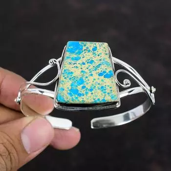 Синий морской осадочный яшмовый браслет-манжета из стерлингового серебра 925 пробы, регулируемый браслет, ювелирные изделия ручной работы, браслет-манжета из натурального драгоценного камня, подарки для жены