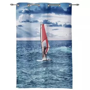 Blue Sea Waves Sailboat Window Curtain Bedroom Living Room Window Drapes Kitchen Decoration Blinds Curtain 135W x 60H(cm) x1
