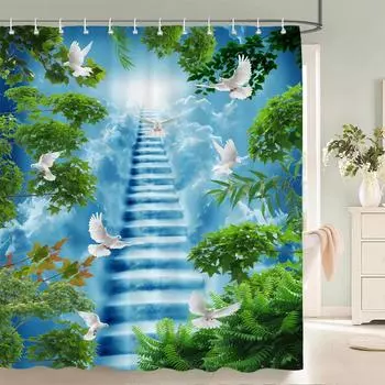 Blue Sky Clouds Scenery Shower Curtain Waterproof Bathroom Curtain With Hooks Bath Curtains Fabric 3d Printed 180*200cm Curtain 90x180cm-35x70in