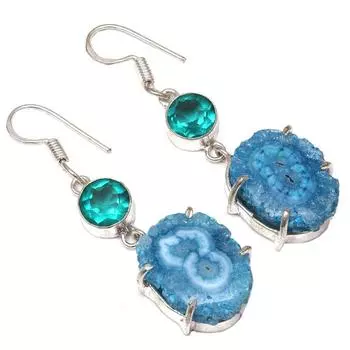 Blue Solar Drusy Gemstone Handmade Silver Jewelry Earrings 1.5