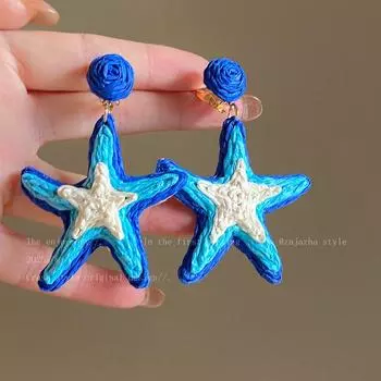 Blue Straw Starfish Earrings for Women Spring/Summer Seaside Vacation Style High-Profile Earrings Special-Interest Design Beach Earring Accessories Pair of blue starfish stud earrings