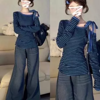 Blue Stripe Sloping Shoulder Long sleeves Shirt Women Spring 2025 New Inner wear Bottoming Shirt Slim fit Gyaru off-the-Shoulder Top Blue Stripe S(Suggested 37.50 kg-47.50 kg)