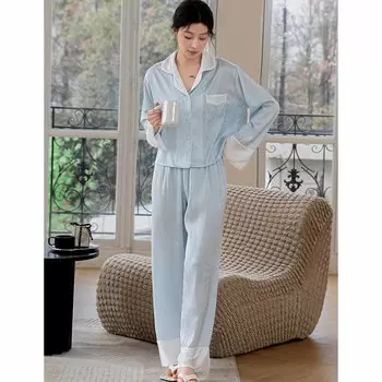 Blue Striped Long-sleeved Pajamas Two-piece Set Spring and Autumn Casual Home Wear Women s Loose Lapel Pajamas Home Wear M