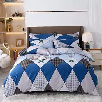 Blue Striped Plaid Style Duvet Cover Set Modern Geometry Quilt Cover with Pillowcases Bedding Set 3Pcs for Kids Boys Room Decor 150x200cm Single 3pc