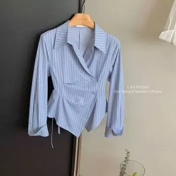 Blue Stripes Chiffon Irregular Shirt Women s Spring and Autumn New Arrival K-style Denim Casual Fancy Chic Small Shirt Top Blue 2XL