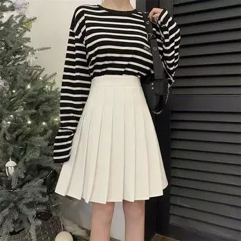 Blue Suit Pleated Women s Mid Length Long Length Spring/Summer Preppy Style High Waist A- line Skirt Cover Slim Looking JK Skirt Umbrella Skirt White 3XL