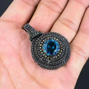 Голубой топаз драгоценный камень удивительный ручной работы медная проволочная обертка ювелирное украшение кулон для любви 1.77 Inches синий