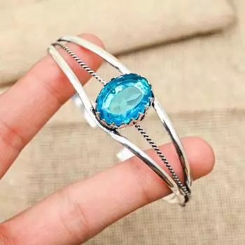 Blue Topaz Gemstone Handmade 925 Solid Sterling Silver Jewelry Pretty Adjustable Bracelet For Love