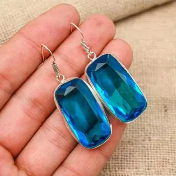 Blue Topaz Gemstone Handmade 925 Sterling Silver Wedding Jewelry Earring For Thanksgiving