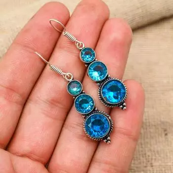 Blue Topaz Gemstone Handmade 925 Sterling Silver Wedding Jewelry Earring For Thanksgiving