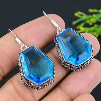 Blue Topaz Gemstone Handmade 925 Sterling Silver Jewelry Earring 1.77 m0O80