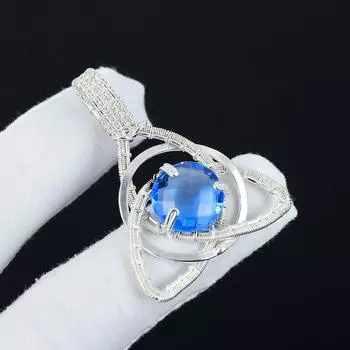 Blue Topaz Gemstone Silver Pendant in 925 Sterling Silver- Handmade Design, Celtic Family Knot Wire Wrapped Everyday Jewelry, Easter Gifts 2.16 синий