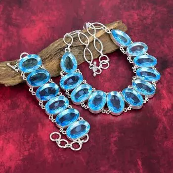 Ювелирные изделия с голубым топазом, браслет и ожерелье ручной работы из цельного серебра 925 пробы, великолепный комплект ювелирных изделий с топазом на любой случай Adjustable With 8 -18 синий