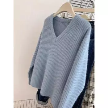 Blue v-neck plush sweater women s autumn and winter loose lazy style high-end sense small man with knitted sweater inside S/85-95