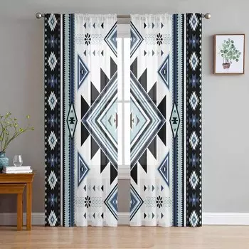 Сине-белые тюлевые шторы в богемном стиле для гостиной, спальни, отеля, роскошное украшение, прозрачные шторы 135W x 114H(cm)