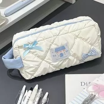 Blue White Bow Pencil Bag Large Capacity Stationery Bag Travel Storage Bag Women S Cosmetic Bags Cute Design Girls Pencil Case синий