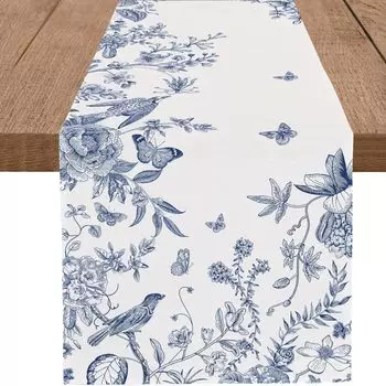 Blue Wildflower Leaf Linen Table Runners Spring Summer Floral Dresser Scarf Table Decor Holiday Wedding Party Dining Table Decor 150x33cm 59x13inch