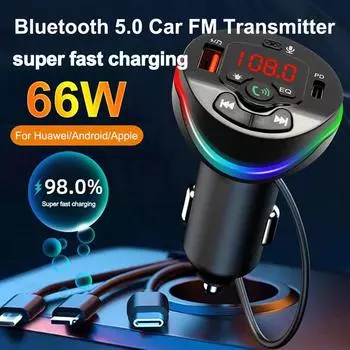 Bluetooth 5.0 автомобильный FM-передатчик модулятор громкой связи MP3-плеер USB PD быстрое зарядное устройство 66 Вт с кабелем 3 в 1 для iPhone Huawei