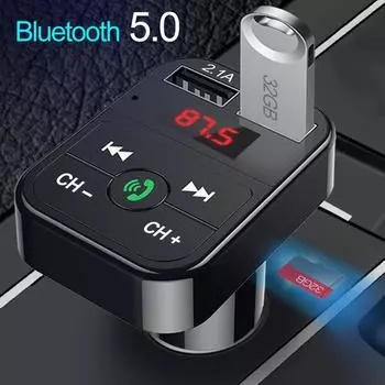 Bluetooth 5.0 FM-передатчик автомобильный комплект MP3-модулятор плеер беспроводной громкой связи аудио приемник двойной USB быстрое зарядное устройство 2.1A чёрный