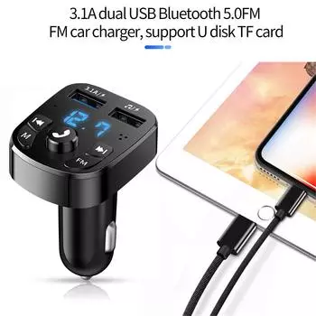 Bluetooth 5.0 FM-передатчик автомобильный комплект Handfree Dual USB автомобильное зарядное устройство 3.1A поддержка TF карты U диск AUX MP3 модулятор музыкальный плеер чёрный