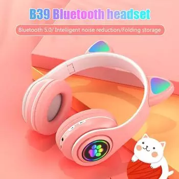 Bluetooth 5,0 наушники с микрофоном милые кошачьи ушки беспроводные/проводные складные наушники с басом RGB дышащий свет для мальчиков/девочек Without box красный