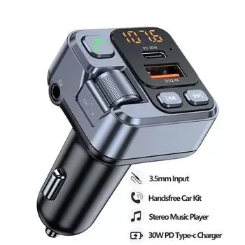 Bluetooth 5.1 FM-передатчик автомобильный MP3 стерео музыкальный плеер Handsfree 3,5 мм Aux беспроводной автомобильный комплект 30 Вт PD USB-C быстрое зарядное устройство серый