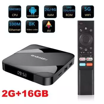 Bluetooth 5.2 ATV Android 14 Smart TV Box 4 ГБ 64 ГБ AV1 S905W2 Quad Core 2.4G и 5G Dual WIFI Voice Remote Media Player 8K Set Top Box 2G 16GB US Plug