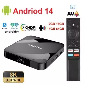 Bluetooth 5.2 ATV Android 14 Smart TV Box 4 ГБ 64 ГБ AV1 S905W2 Quad Core 2.4G и 5G Dual WIFI Voice Remote Media Player 8K Set Top Box 4G 64GB US Plug