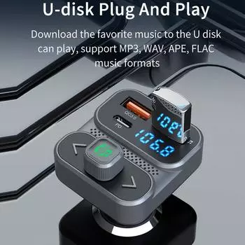 Bluetooth 5.3 Автомобильный FM-передатчик QC3.0 PD Type-C Быстрое зарядное устройство MP3-плеер Беспроводные автомобильные аксессуары Handsfree Подсветка чёрный